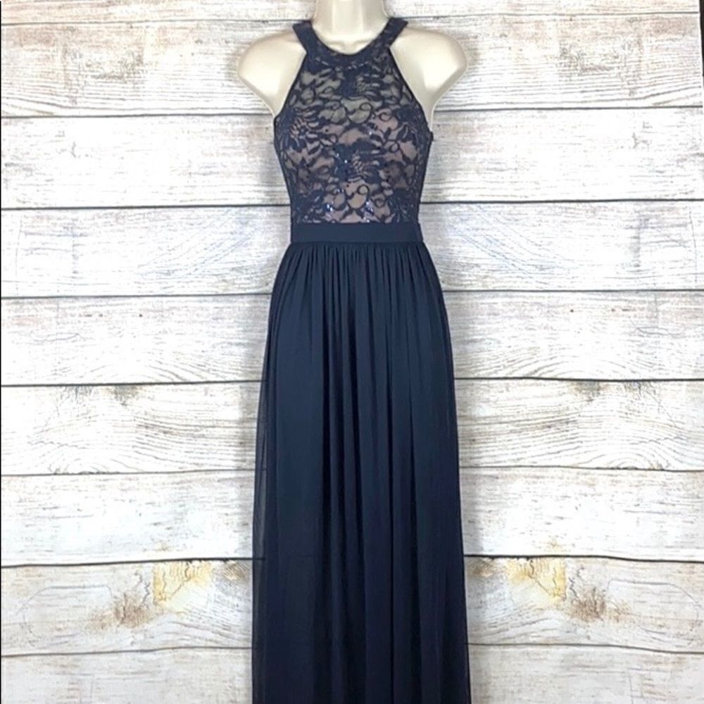 Morgan&Co Navy Blue Chiffon Lacesformal Long Dress